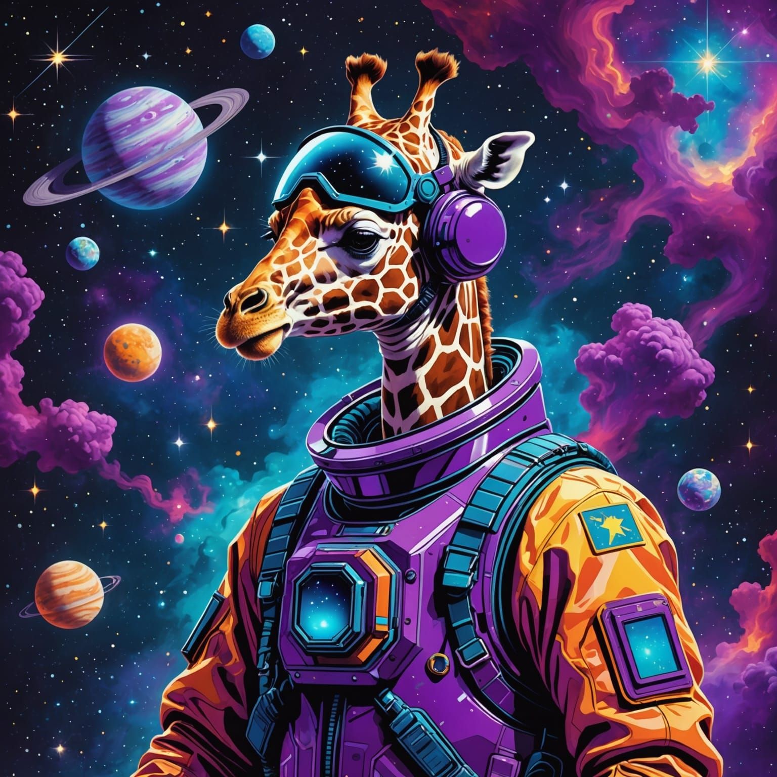 Giraffe Astronaut in Nebula, Vector Art Style