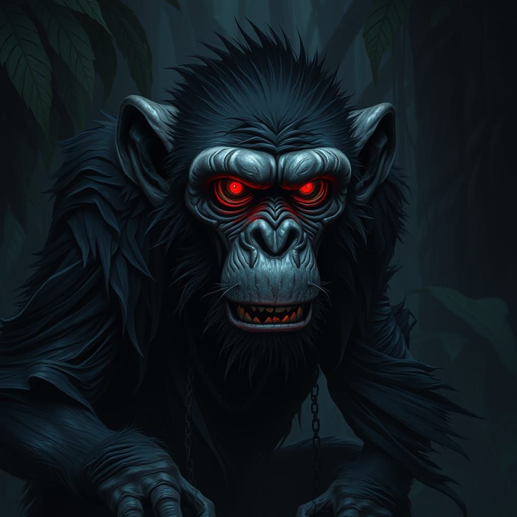 Menacing Monkey with Red Eyes in Dark Jungle