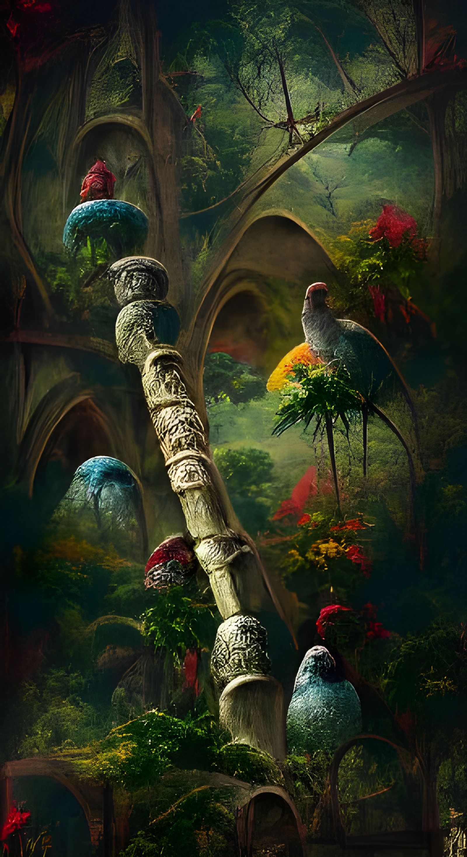 Tropical Birds in Overgrown Landscape, Matte Painting