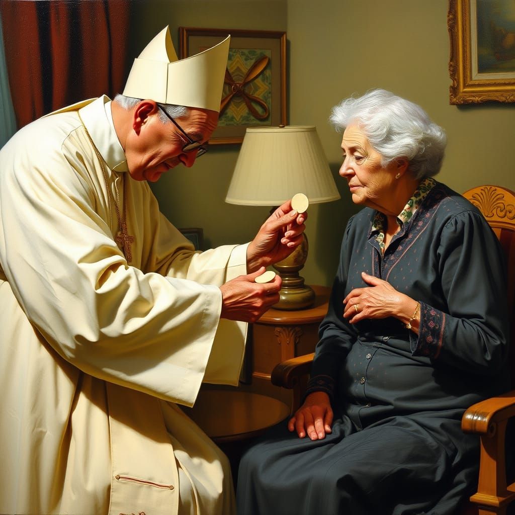 A priest giving a communion wafer to an elderly woman who is...
