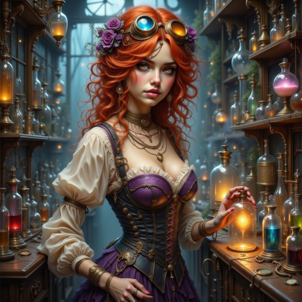 Steampunk Alchemist Seraphine Veyne in Glowing Lab