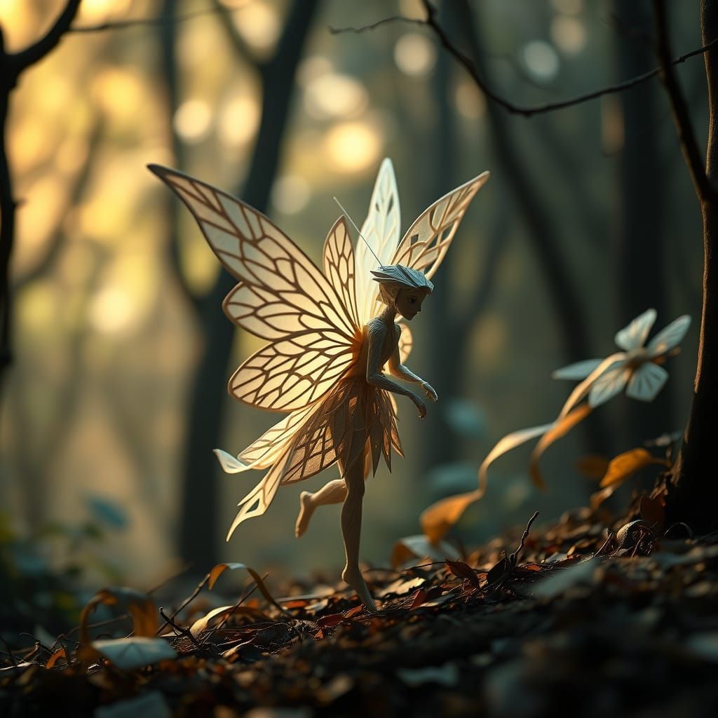 Papercraft Fairy in Mystical Forest, Digital Art