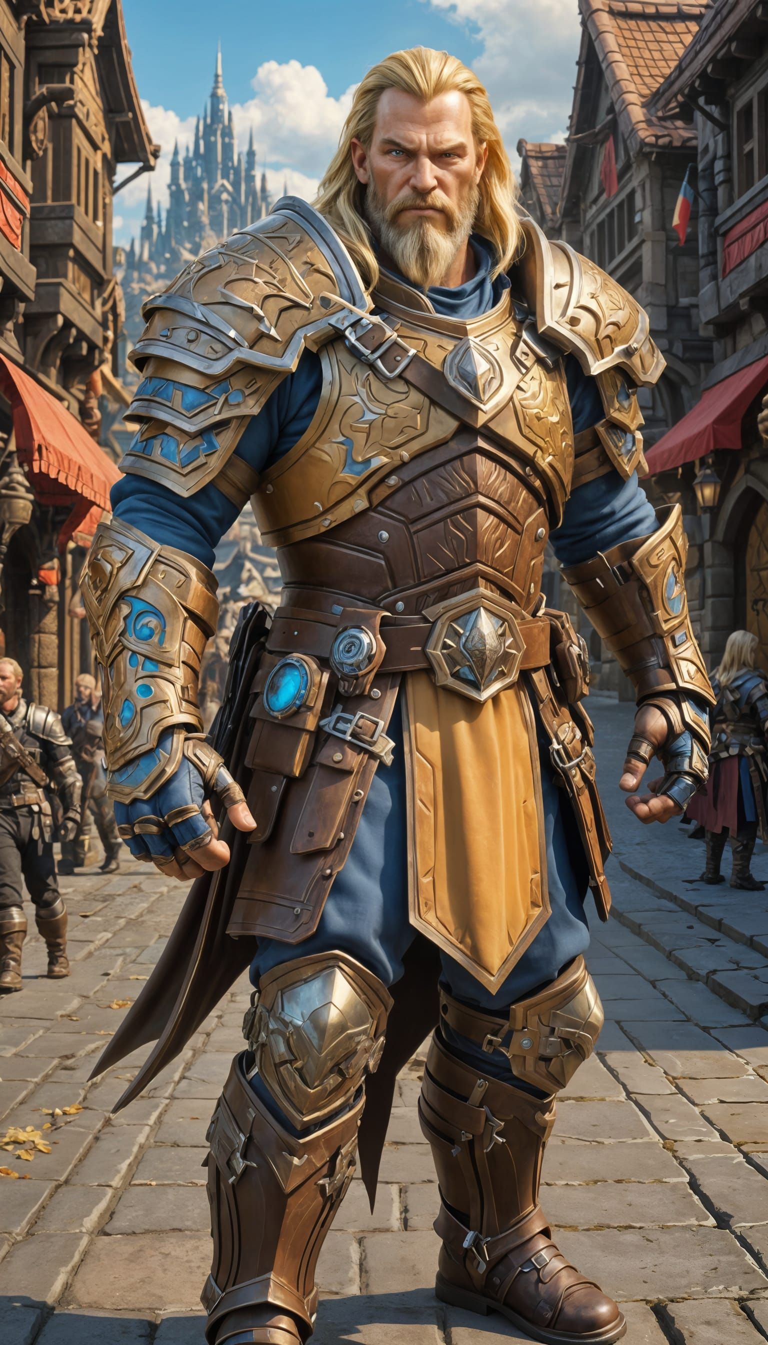 Sleek Mercenary in Vibrant Warcraft Cityscape