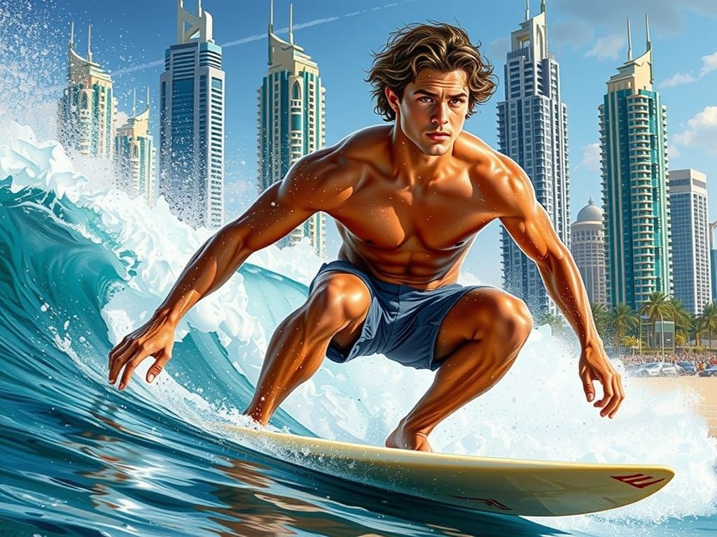 Surfer Rides Wave in Dubai: Photorealistic Splash Art
