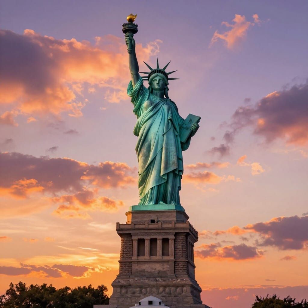 Statue of Liberty at Sunset with Dramatic Clouds
