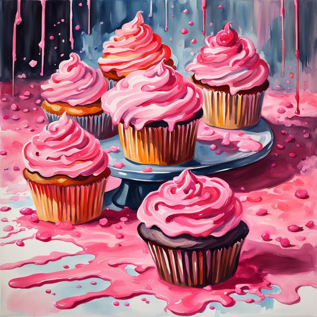 Cupcakes with Pink Icing in Gouache Style