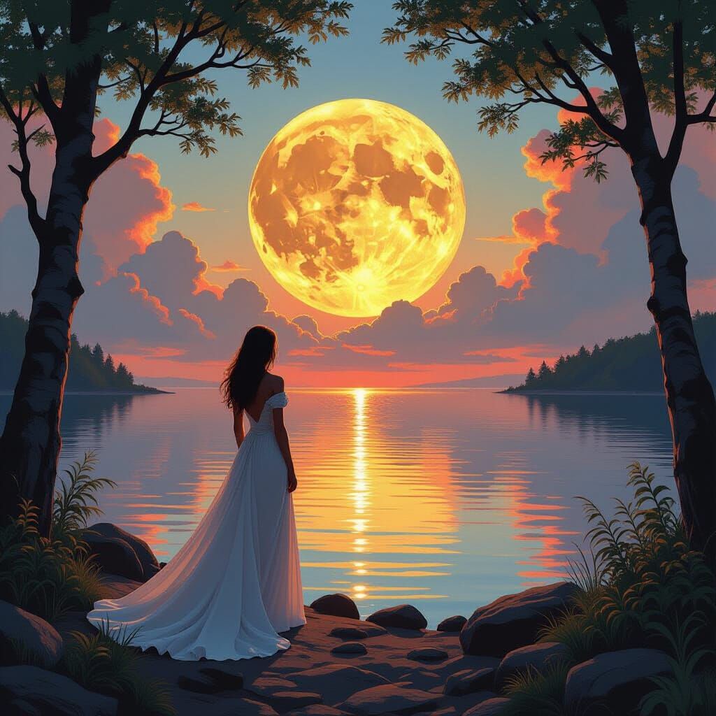 Ethereal Woman Gazes at Sunset in Fantasy Landscape