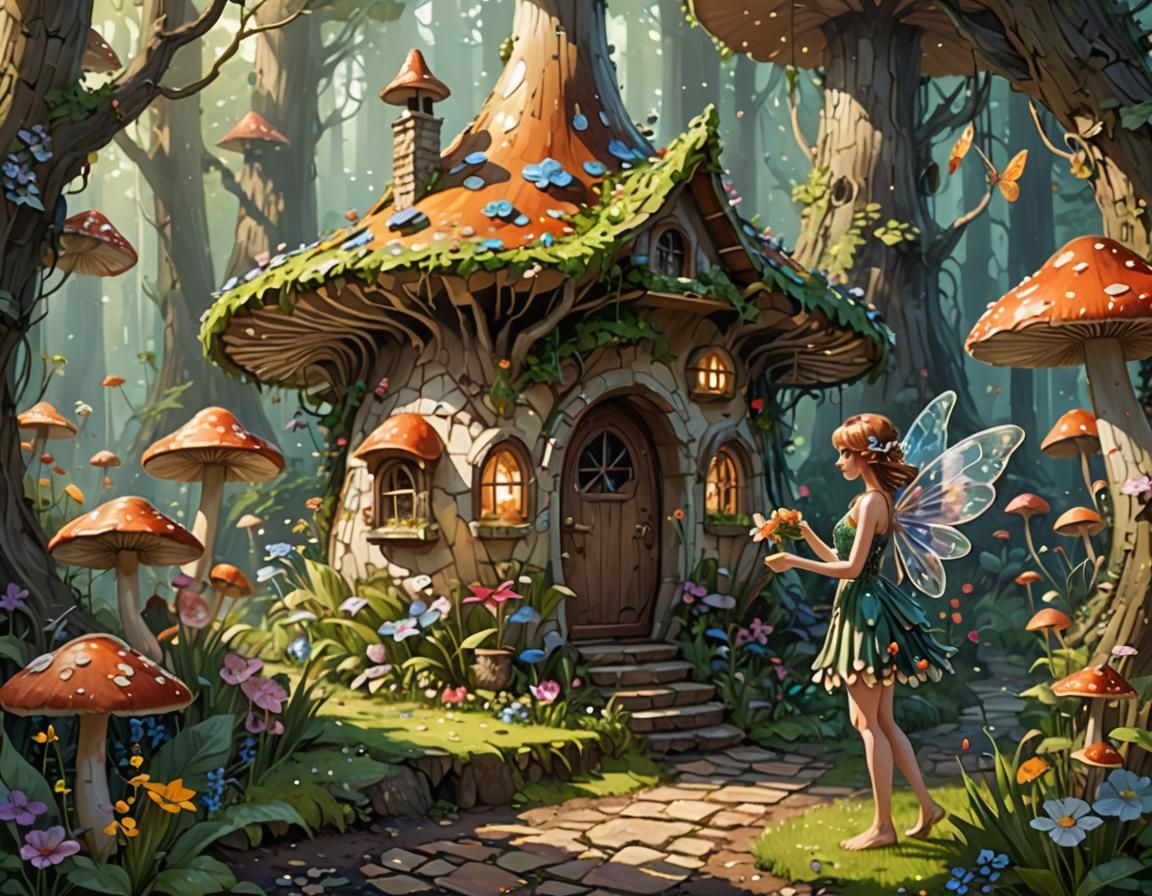Pixilated Fairy Watering Flowers in Fantasy Forest