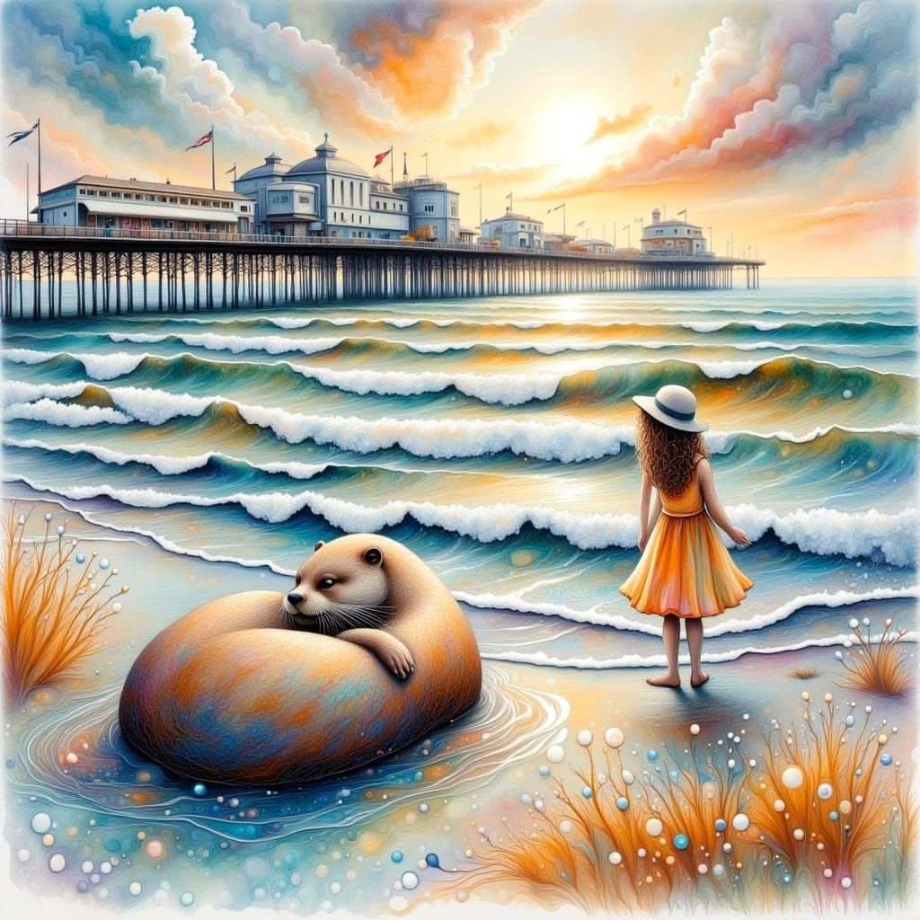 Peaceful Otter Family Scene in Golden Hour at Brighton Pier