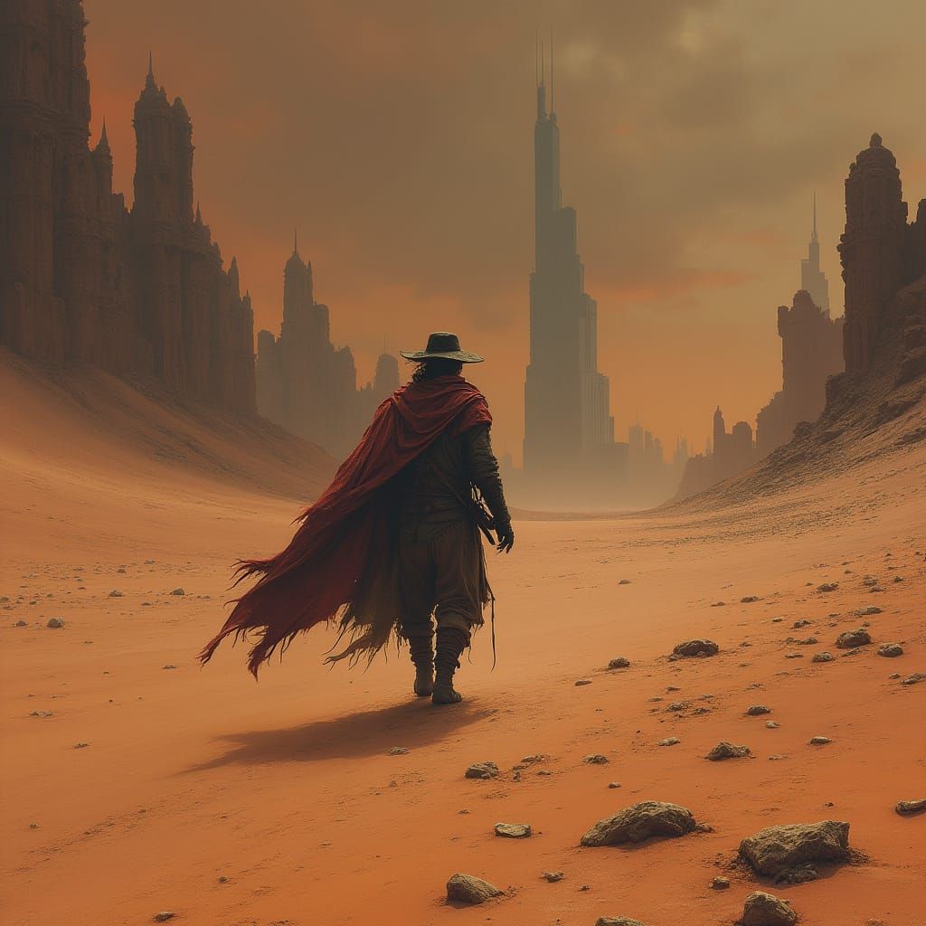 Dystopian Wanderer in Windswept Desert Landscape