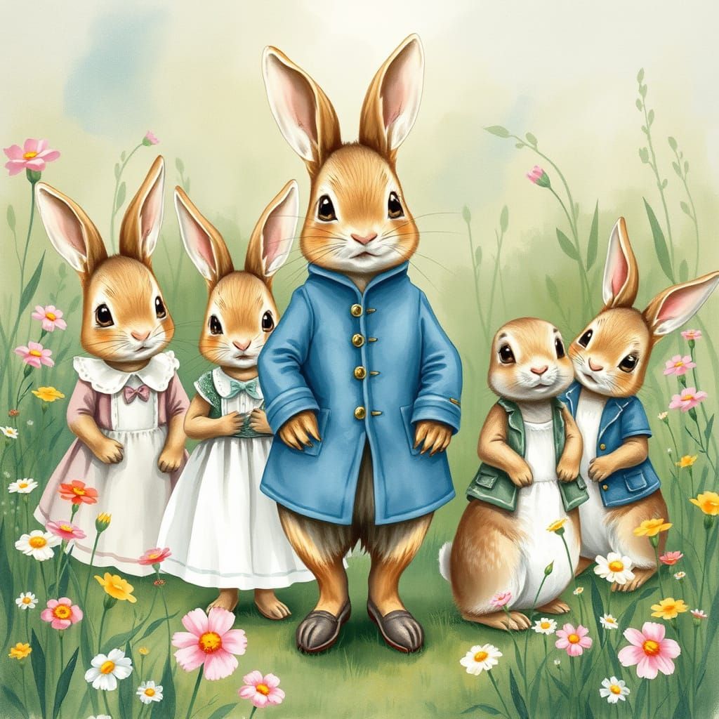 Peter Rabbit and Family in Floral Meadow
