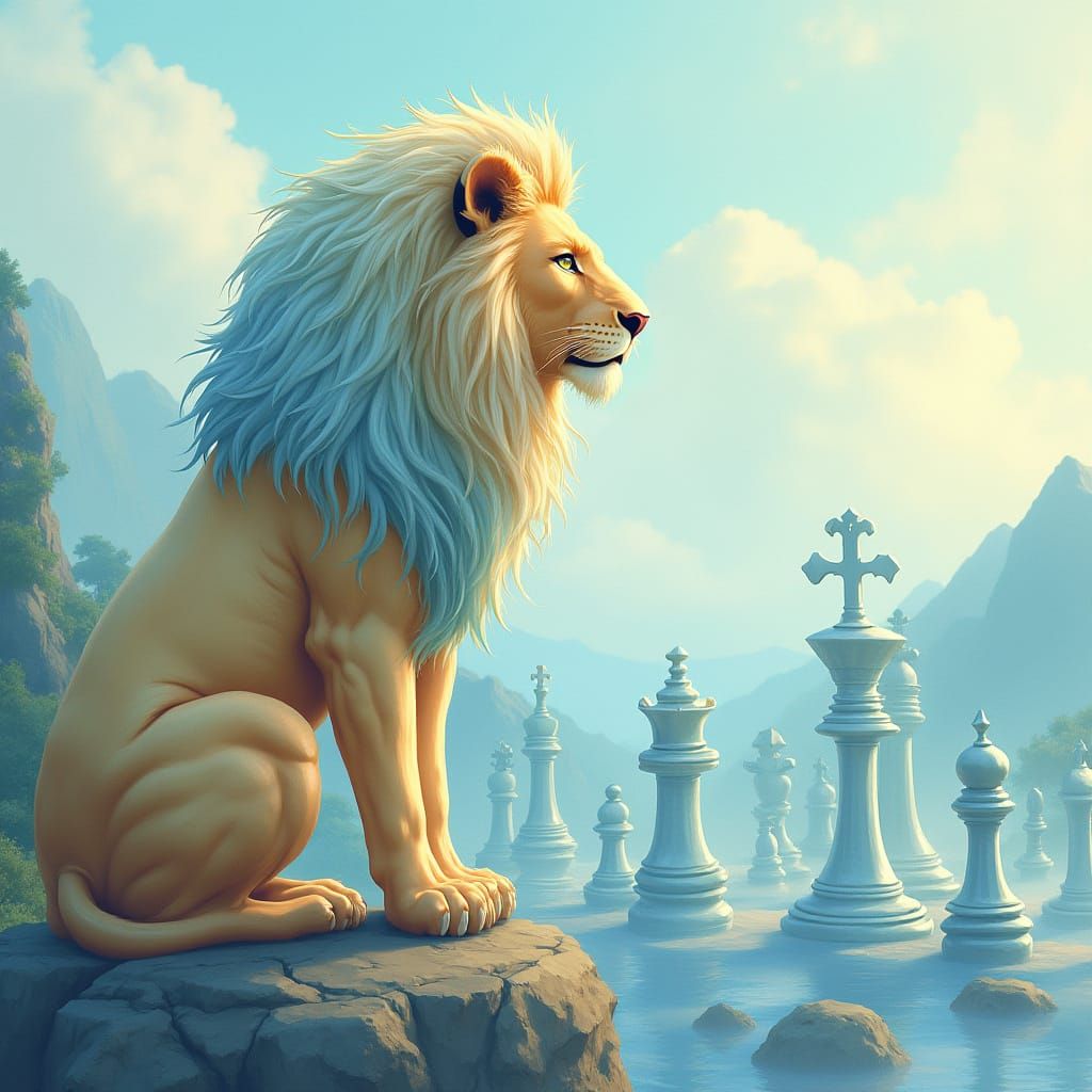 Lion with Water Mane Overlooking Chess Landscape