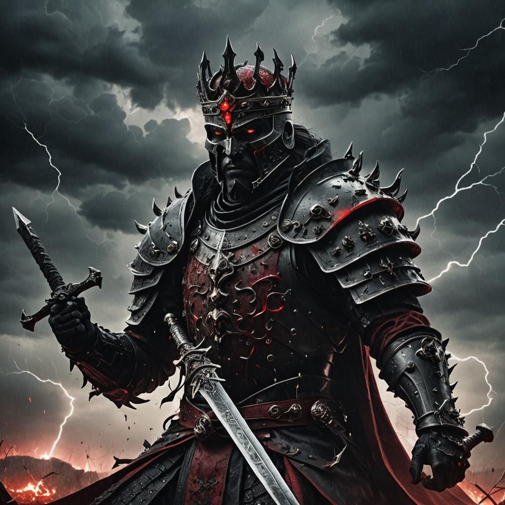 Armored King with Crystal Skull Sword in Dark Fantasy Art