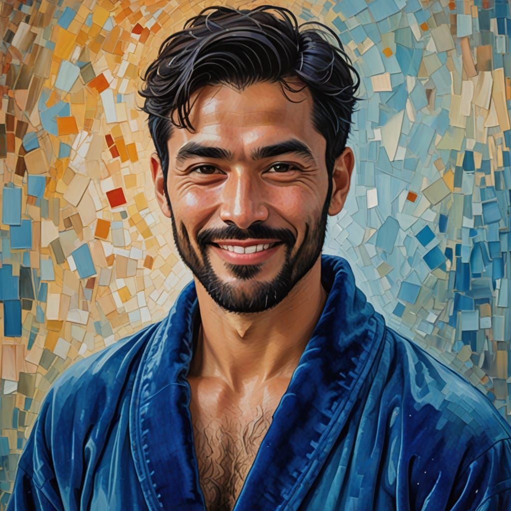 Handsome Man in Blue Velvet Robe, Expressionist Oil Painting