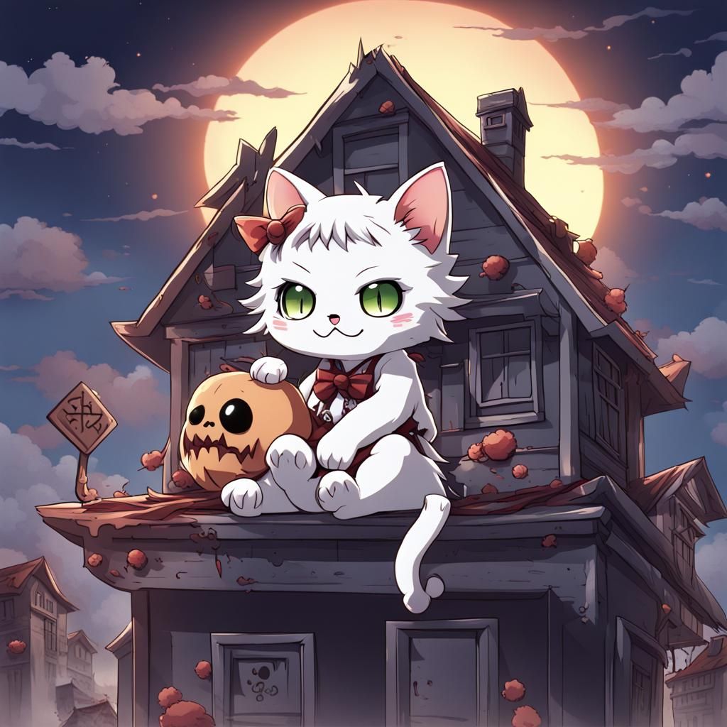 Chibi Zombie Cat on Haunted House Roof