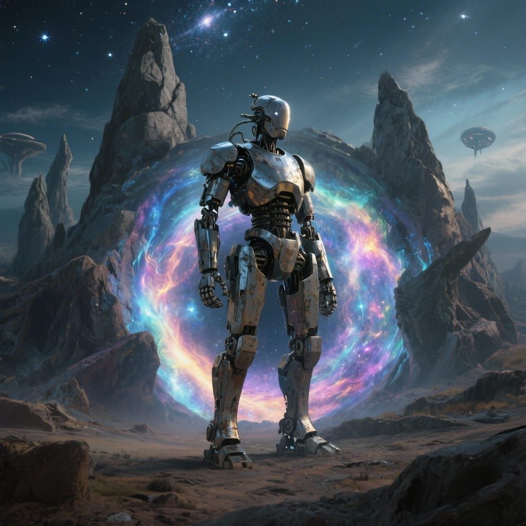 Ancient Robot Guards Cosmic Portal in Alien Landscape