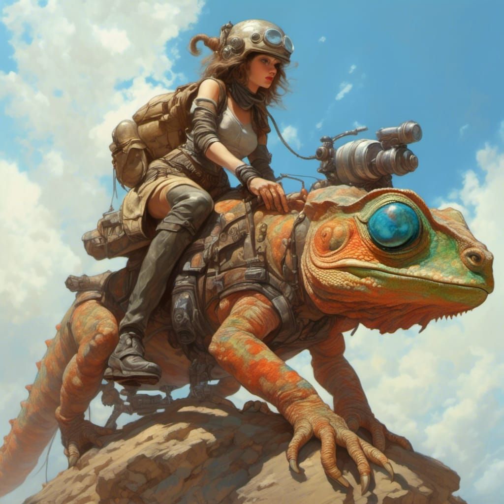 Painting as <lora:GalaxyCore:1.0> , Young woman astride a giant chameleon. The harness includes numerous saddlebags, as...
