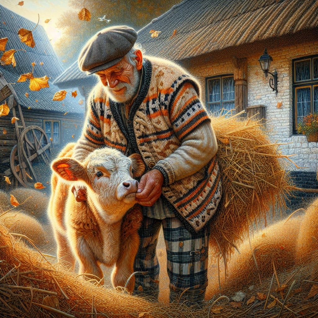 Elderly Farmer and Calf in Autumnal Courtyard