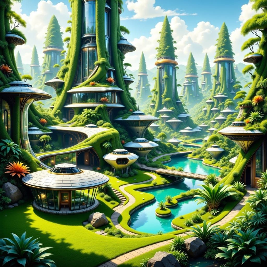 Futuristic Solarpunk Cityscape with Green Architecture