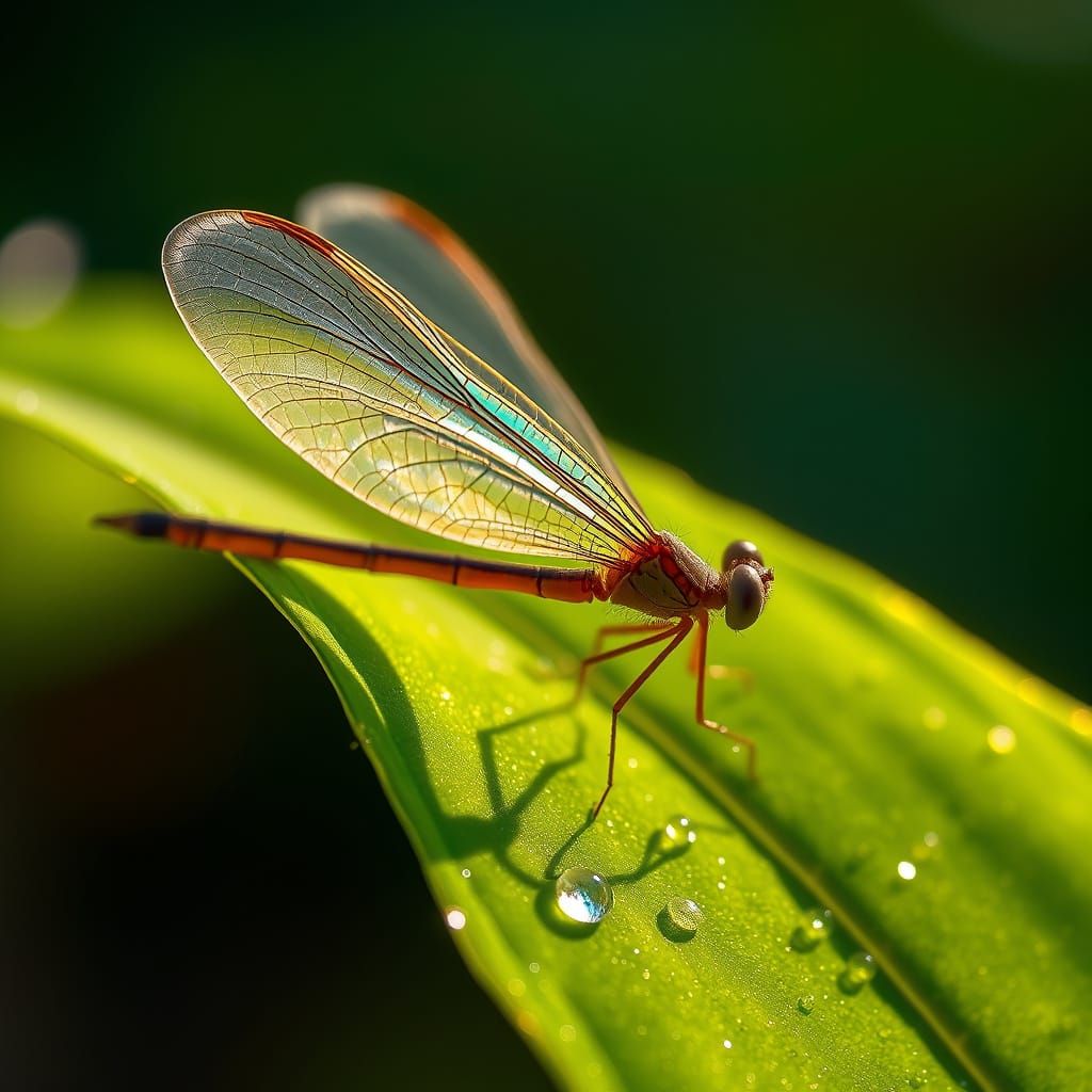 Dragonfly Wing with Dewdrops in Morning Light