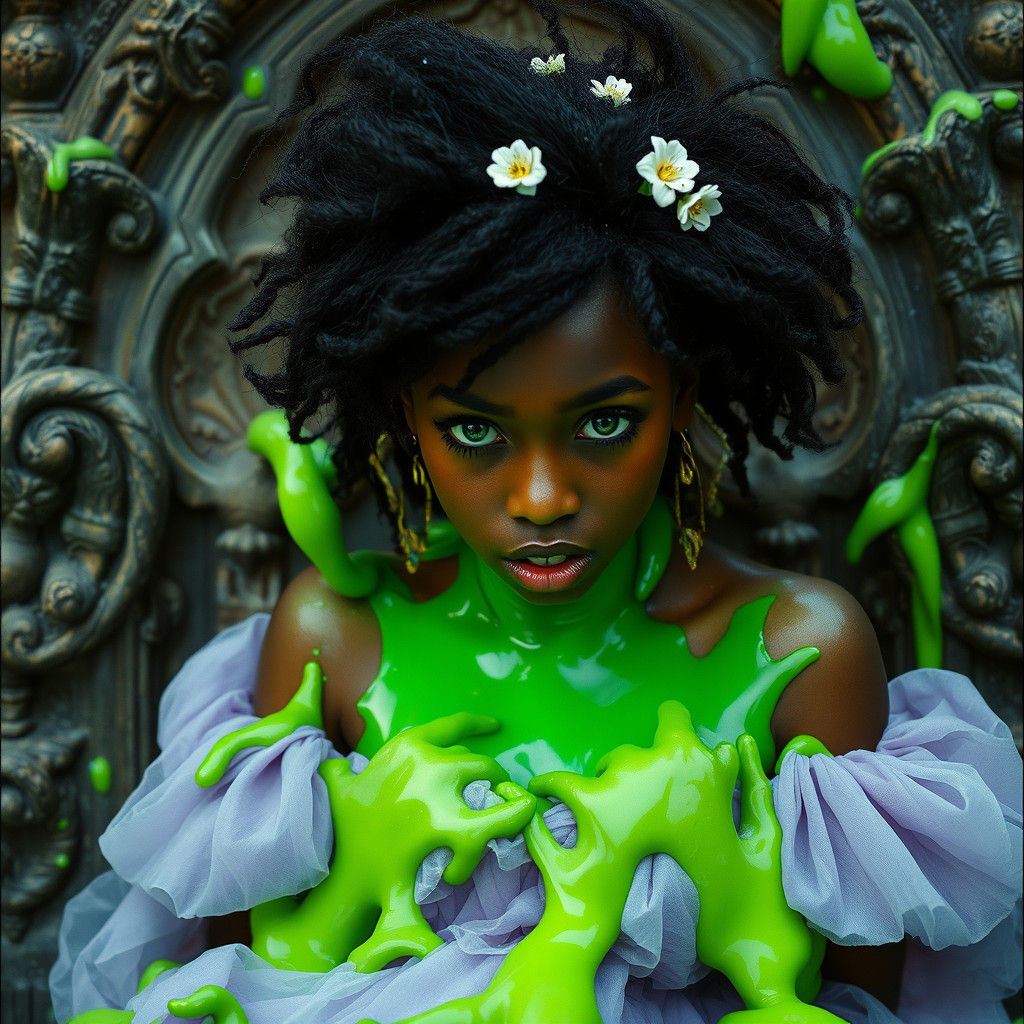 Distressed Princess Engulfed in Eerie Green Slime