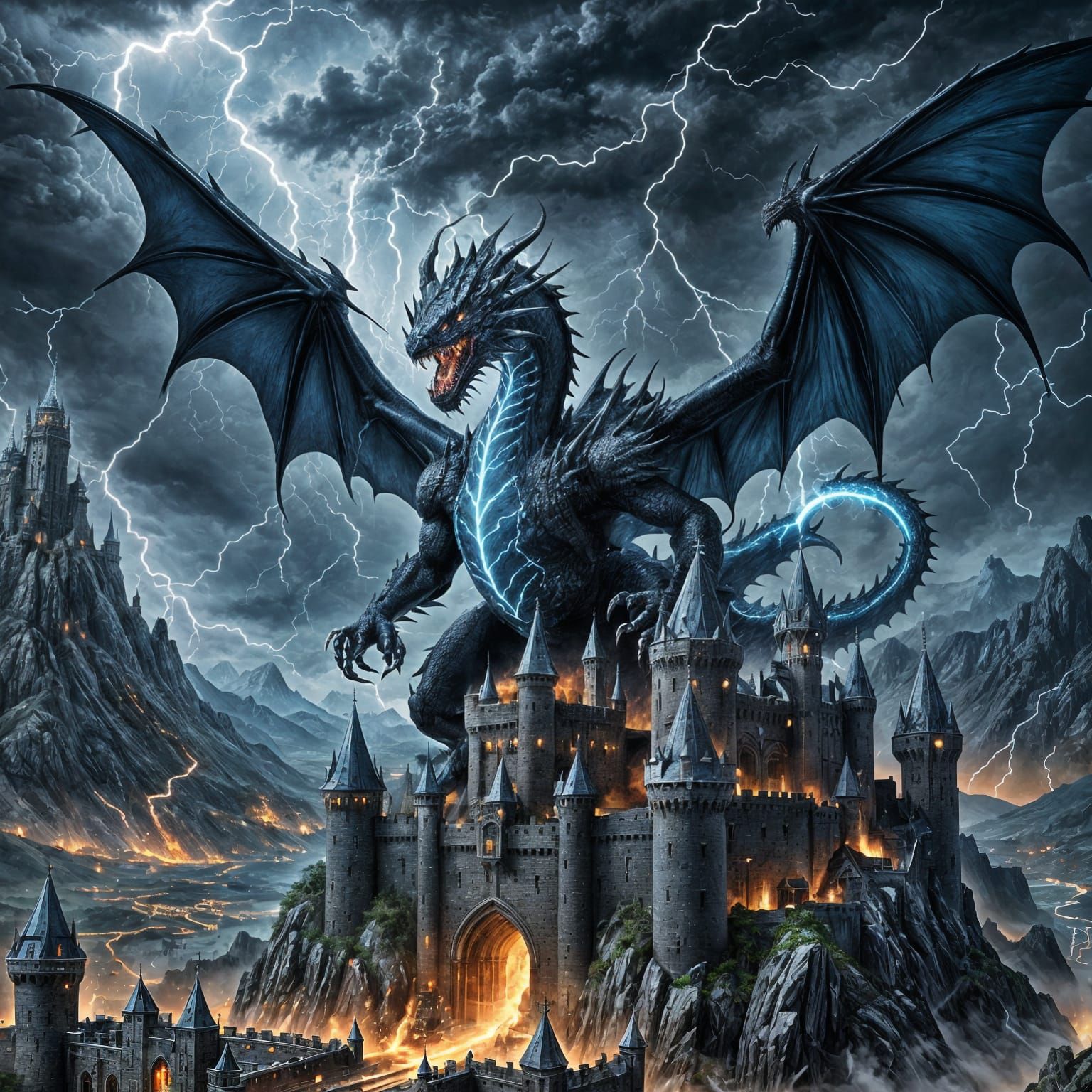 Black Castle Under Lightning Storm with Dragon