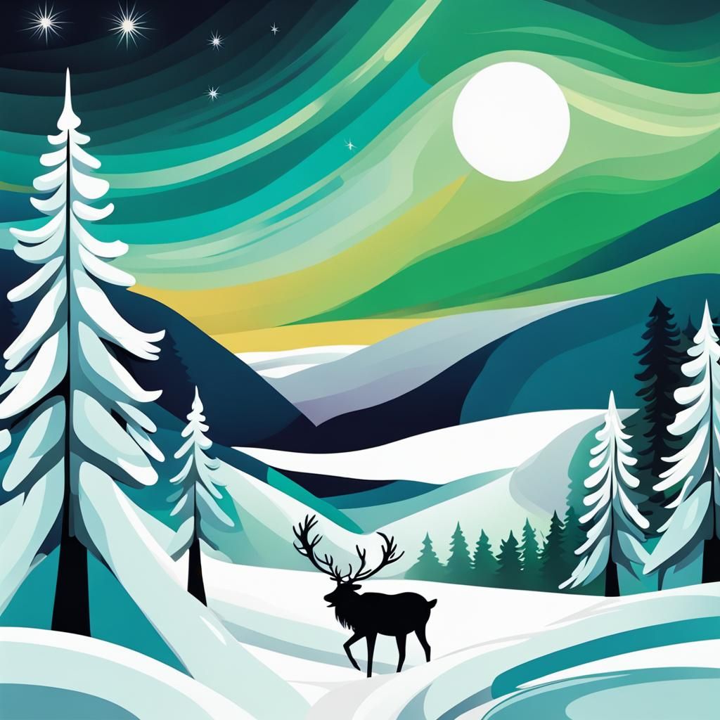 Lapland Postcard: Northern Lights over Snowy Valley
