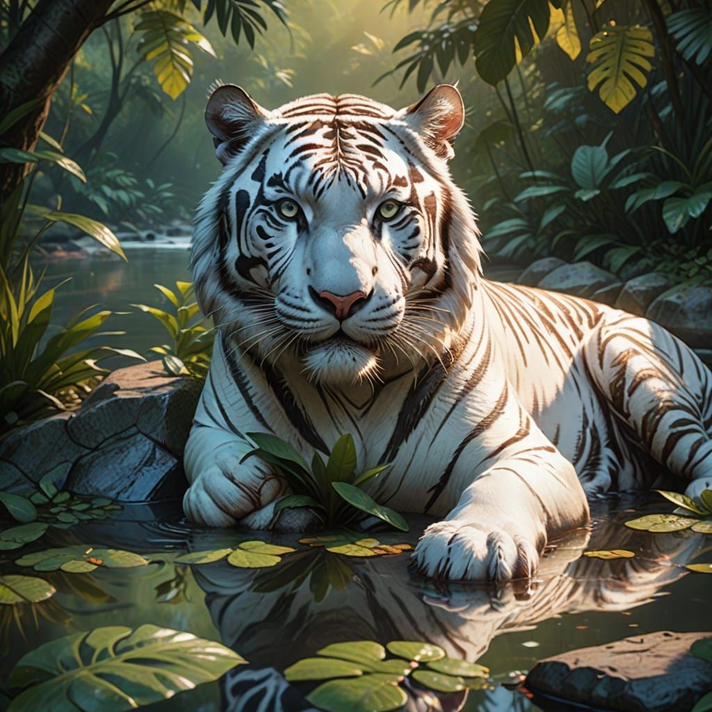 White Tiger in Sunset Jungle Scene, Hyper-Realistic Portrait...