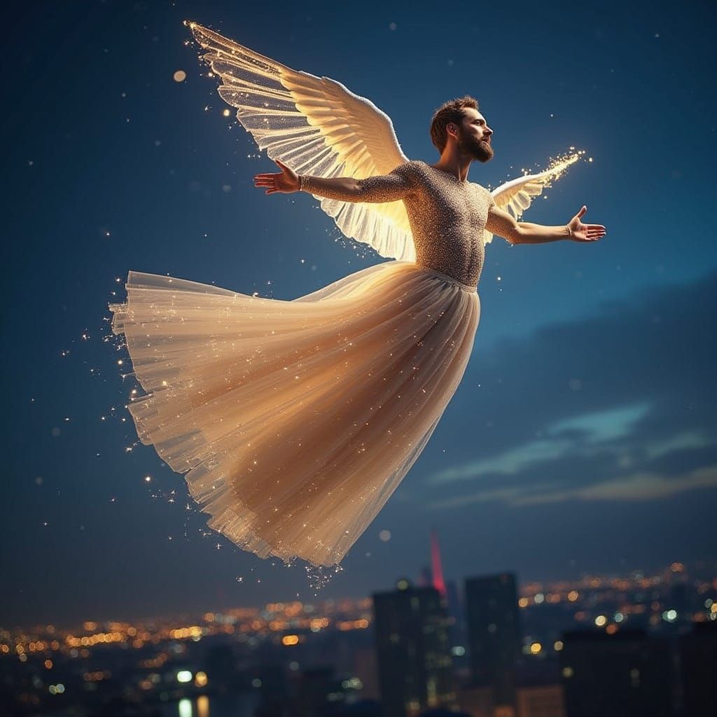 Divine Man Soaring Over Metropolis in Futuristic Style