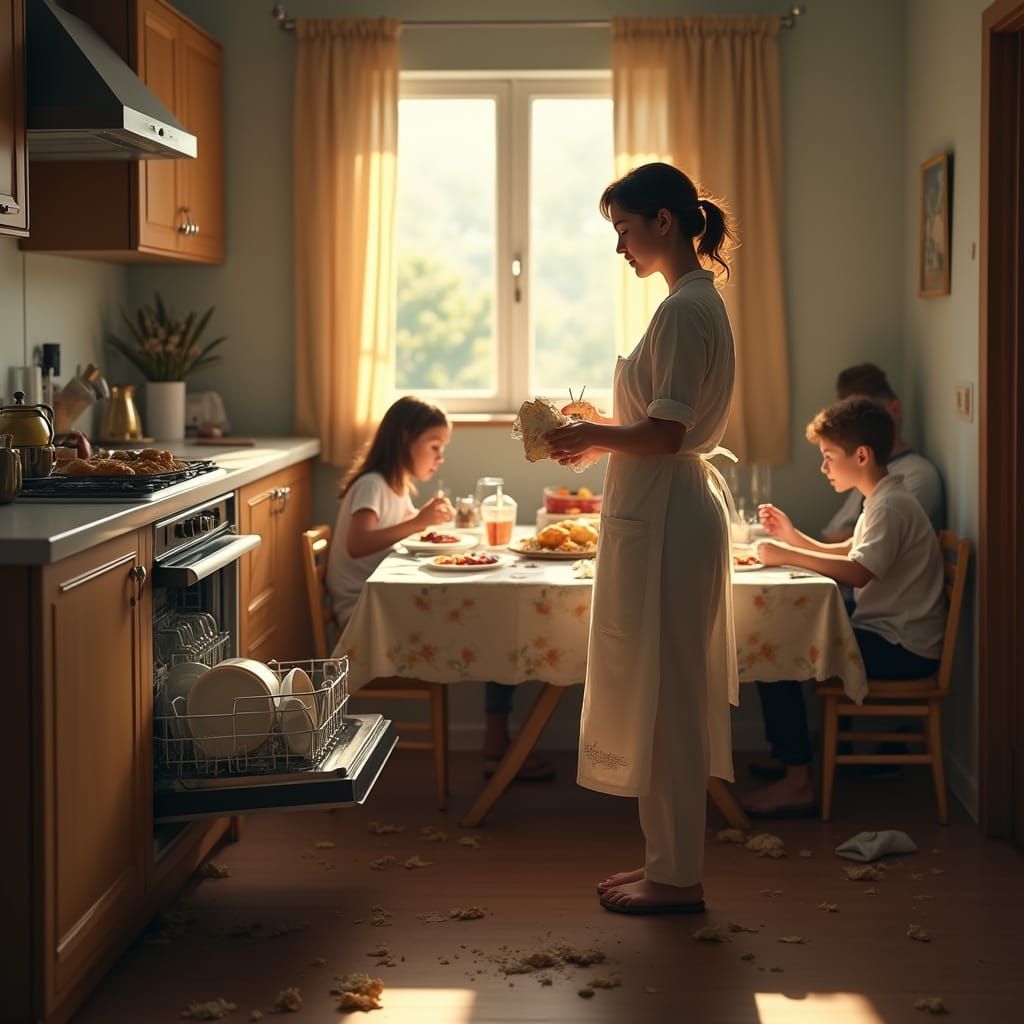 Serene Mother Amidst Dining Room Chaos in Realistic Style