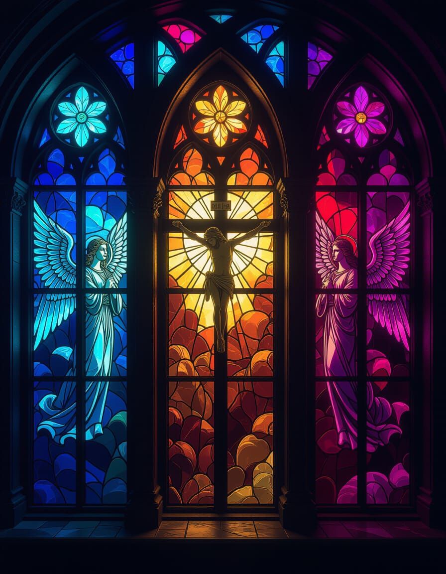 Fantastical Stained Glass Angels and Crucifixion Art