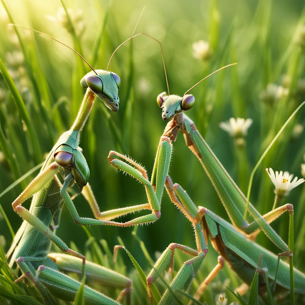 Surreal Macro Praying Mantis with Tiny Woman