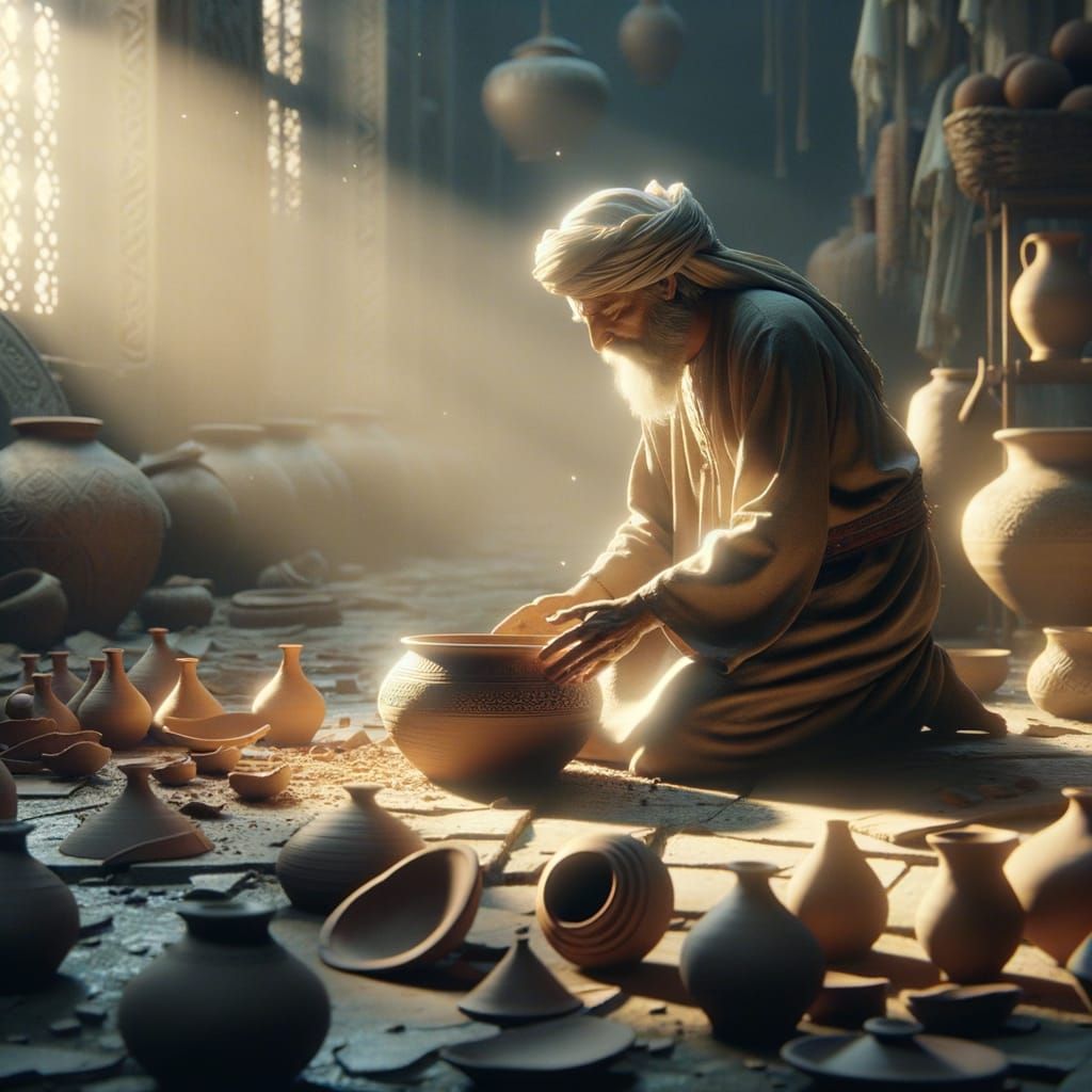 Elderly Potter's Reflection in Broken Clay, Dreamy Realism
