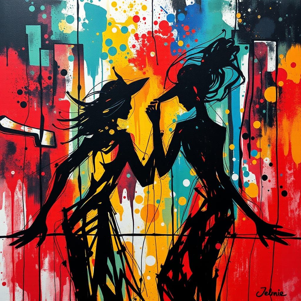 Cubist Cabaret Dancers in Urban Multicolor