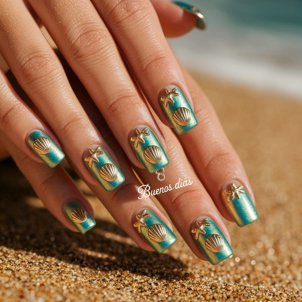 Summer Nail Art with Seashells and Turquoise Polish