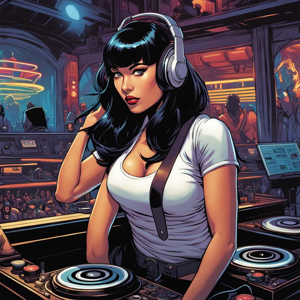 DJ Woman in Nightclub: Comic Book Art