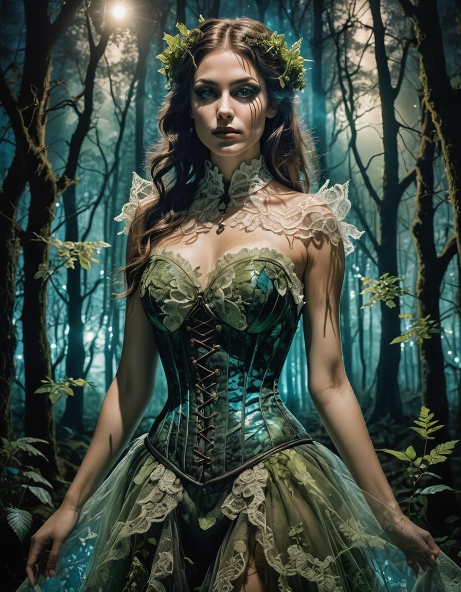 Enchantress in Bioluminescent Forest Double Exposure