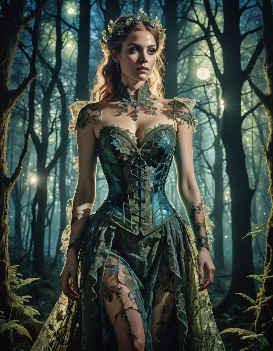 Enchantress in Moonlit Forest Double Exposure