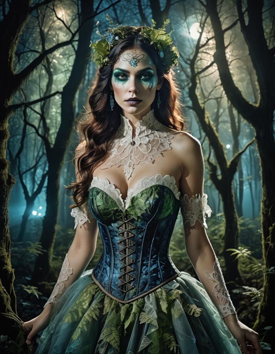 Enchantress in Moonlit Forest Double Exposure