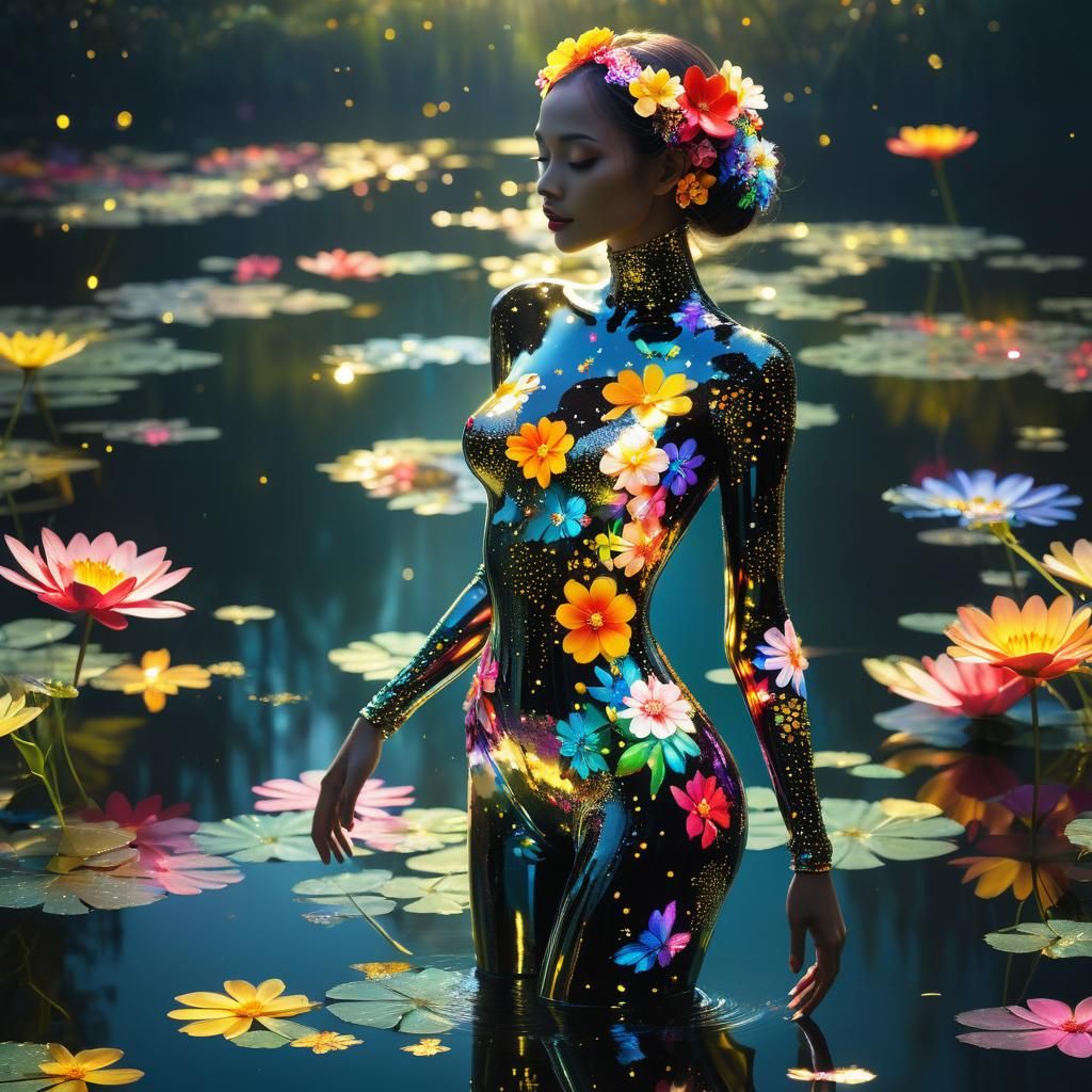 Luminous Flower Woman on Mirrored Lake in 4D
