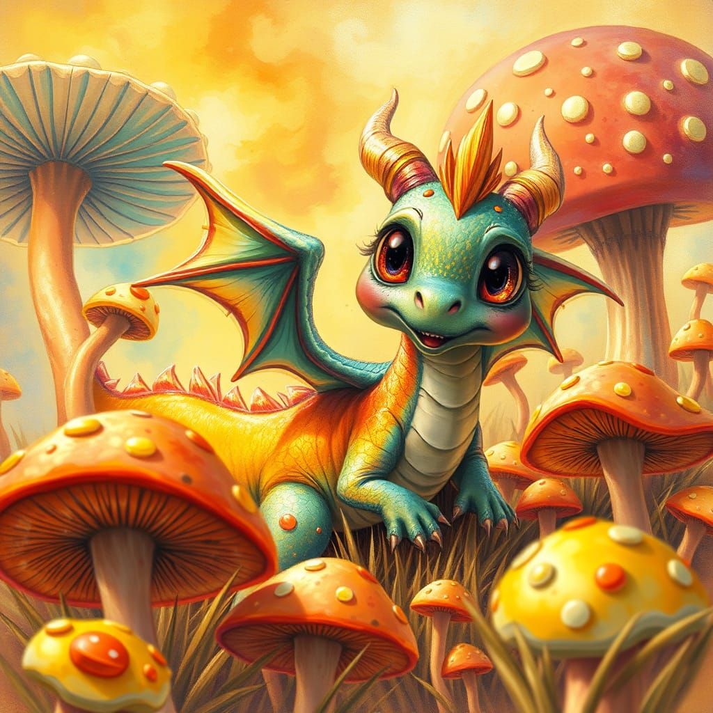 Playful Rainbow Dragon in Psychedelic Mushroom Field