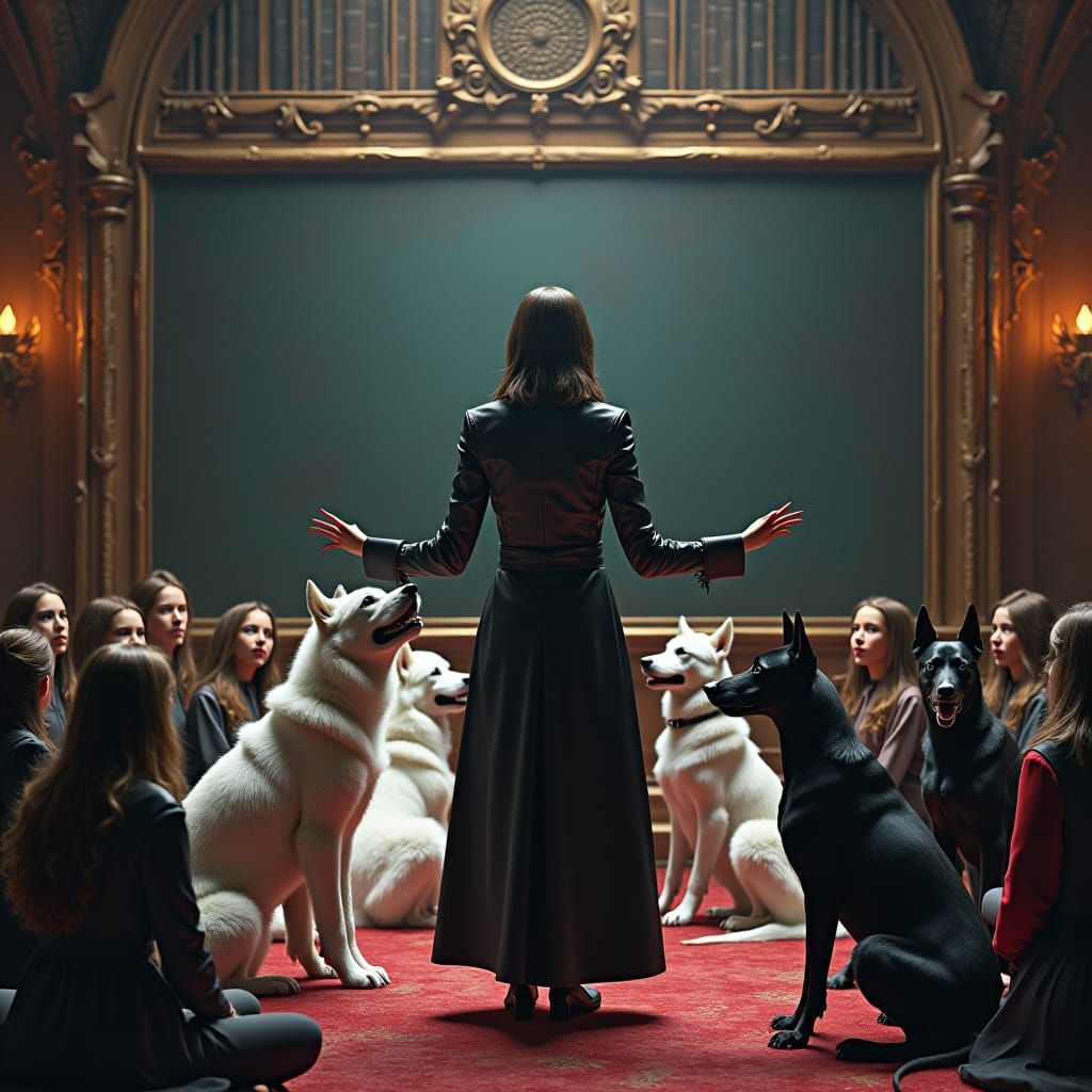 Stern Teacher in Mystical Chamber with Dogs