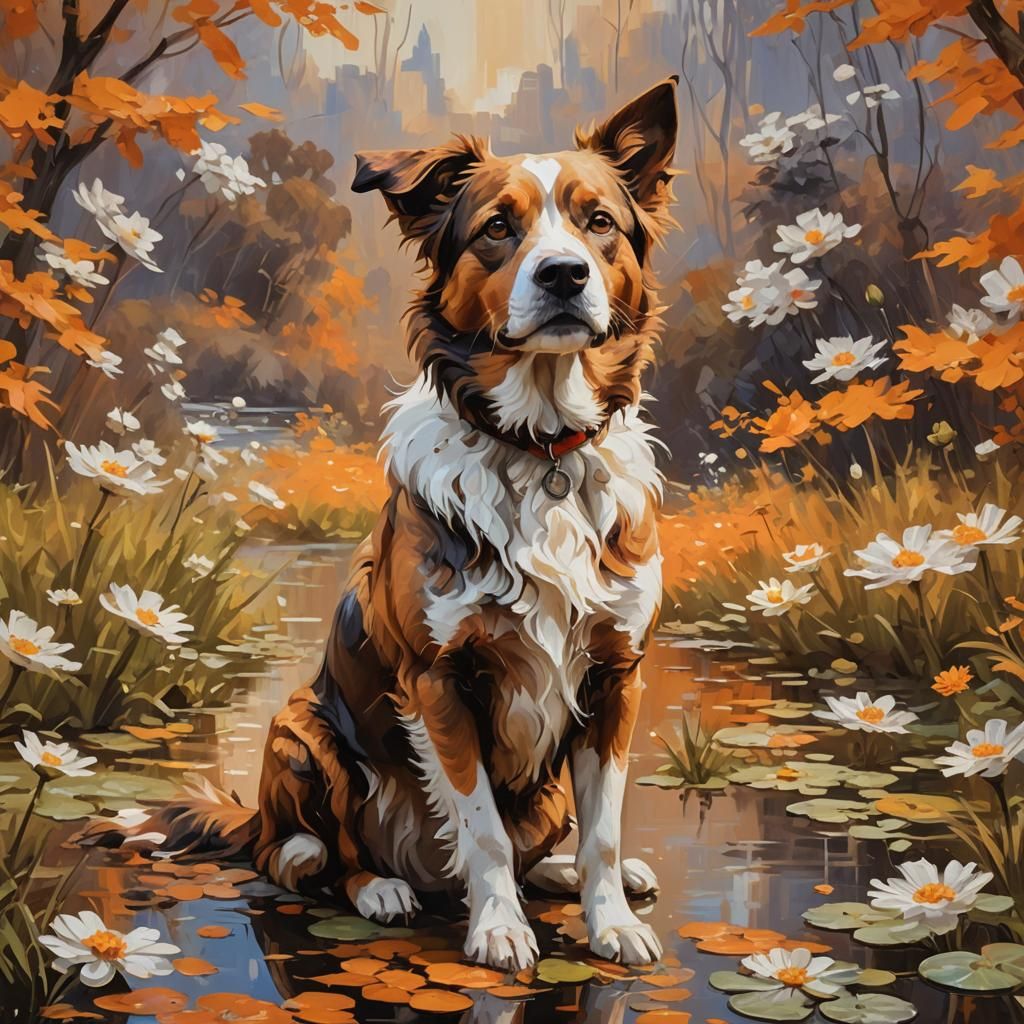 Dog Portrait in Impressionist Style, Detailed Matte Painting