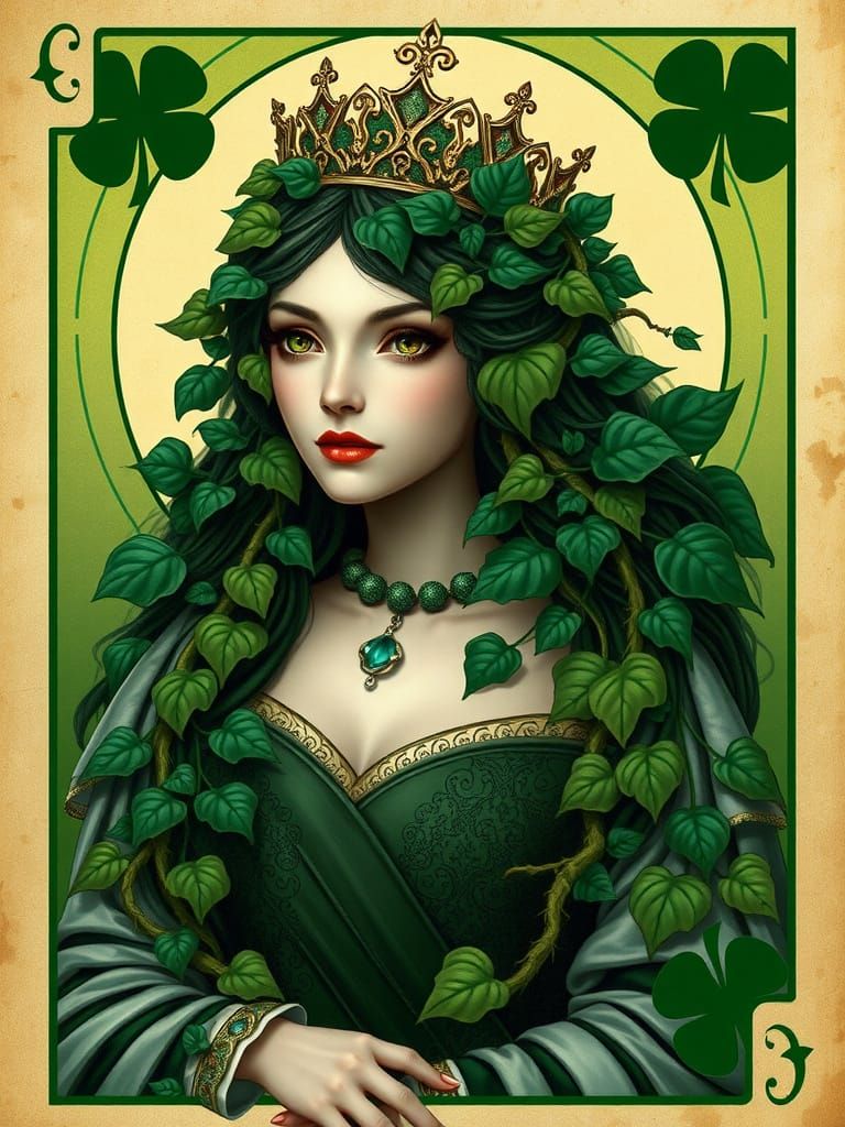 Queen of Clubs Nature Goddess with Emerald Eyes and Ivy Hair