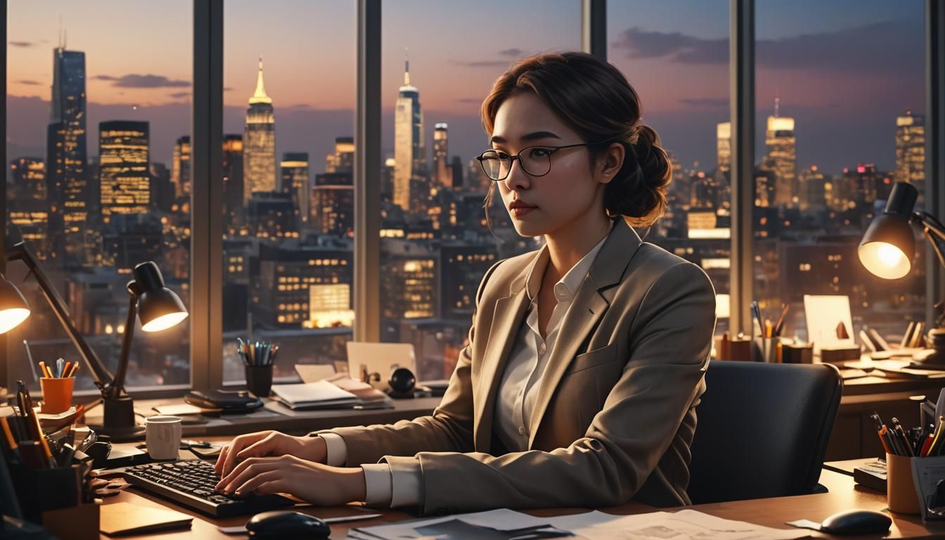 Focused Person in Cluttered Office: Digital Art