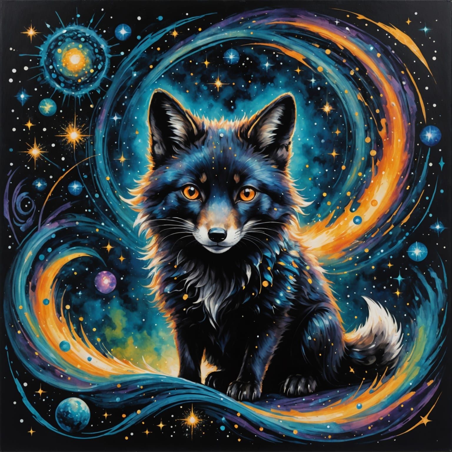 Fluffy Black Fox in Space: Pre-Raphaelite Painting