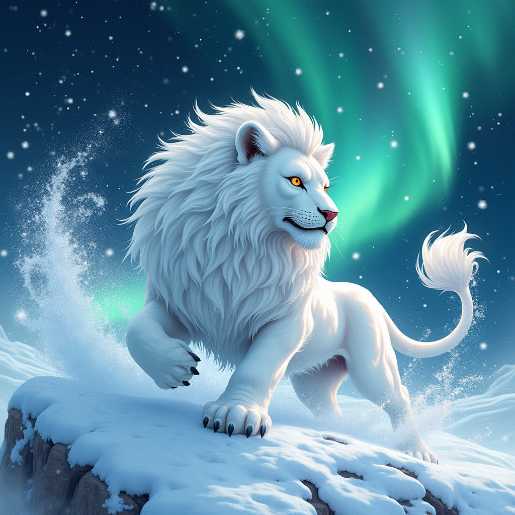 Snow Lion Plays Under Aurora in Art Nouveau Style