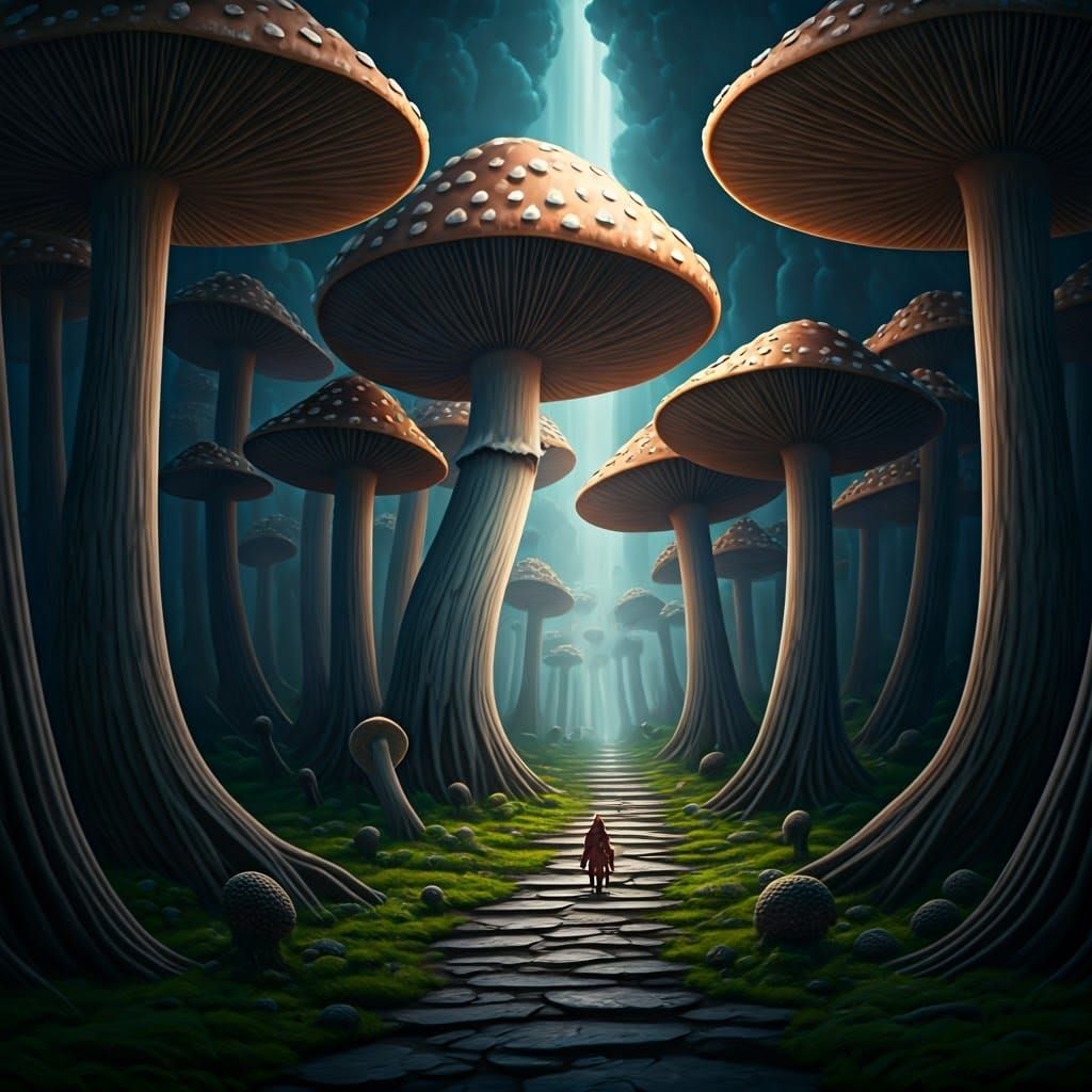 Surreal Fantasy World with Towering Mushrooms