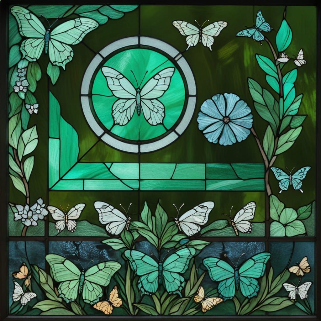 Ethereal Butterflies in Emerald Stained Glass