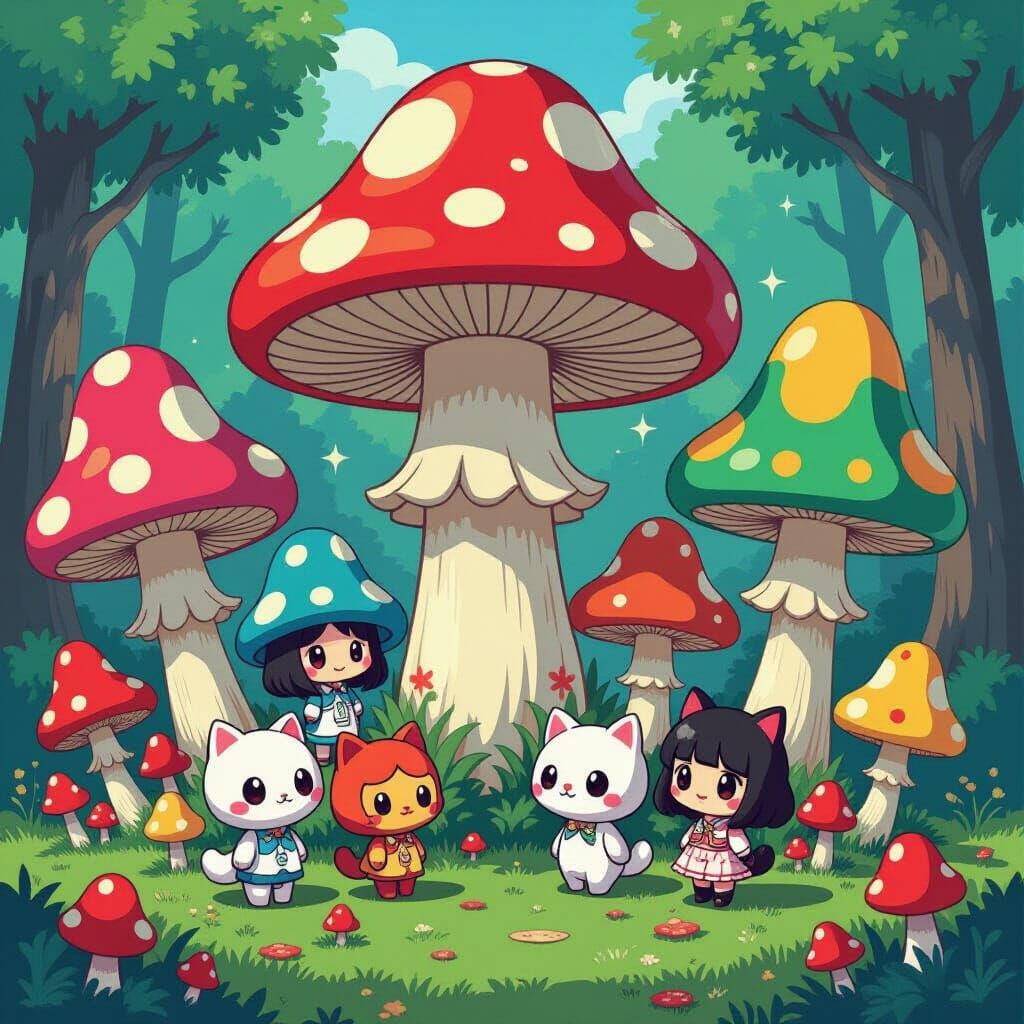 Anime Mushrooms in Surreal Cartoon Style